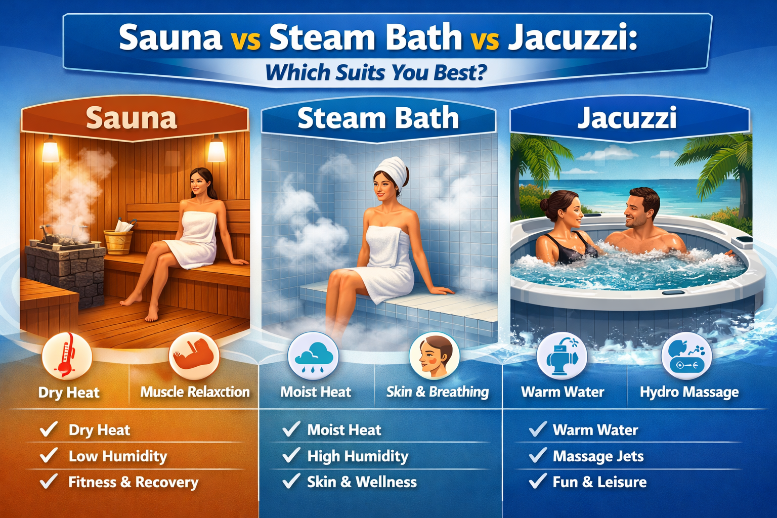 Sauna Steam Bath & Jacuzzi: What’s the Difference & Which Suits You Best